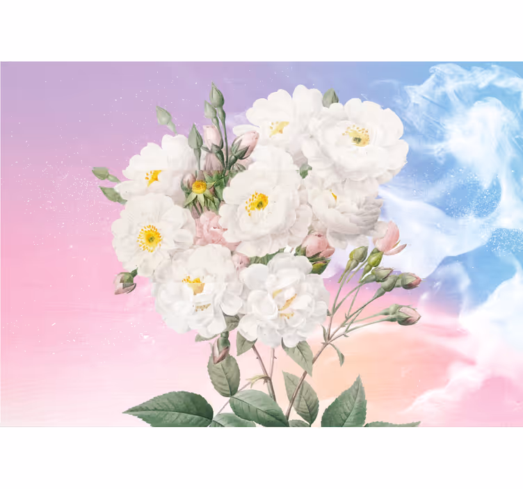 Rollo fenster küche weiße blumen auf blau-orange hintergrund - TenStickers