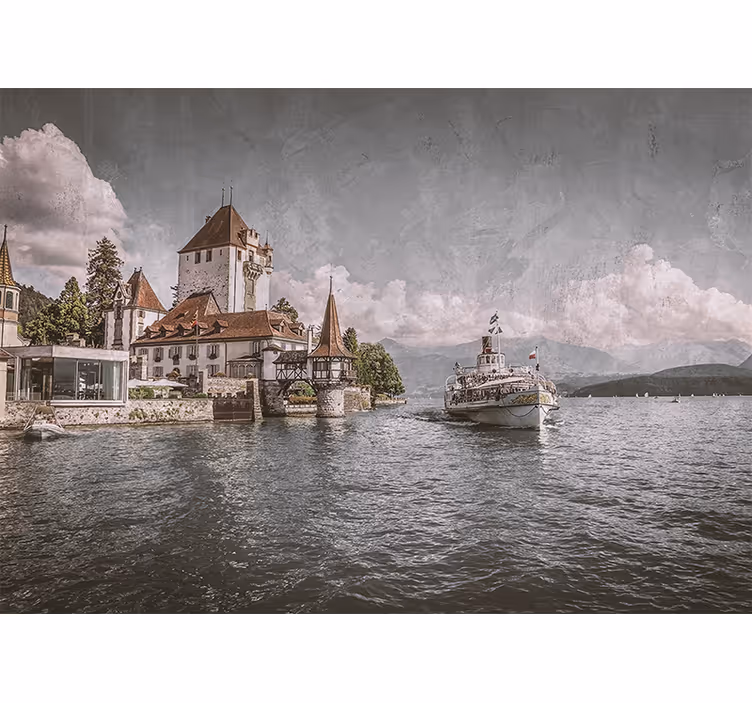 Rollo fenster wohnzimmer klassisches haus am see mit boot - TenStickers
