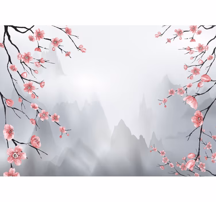 Rollo fenster grau kirschblüte und berge - TenStickers