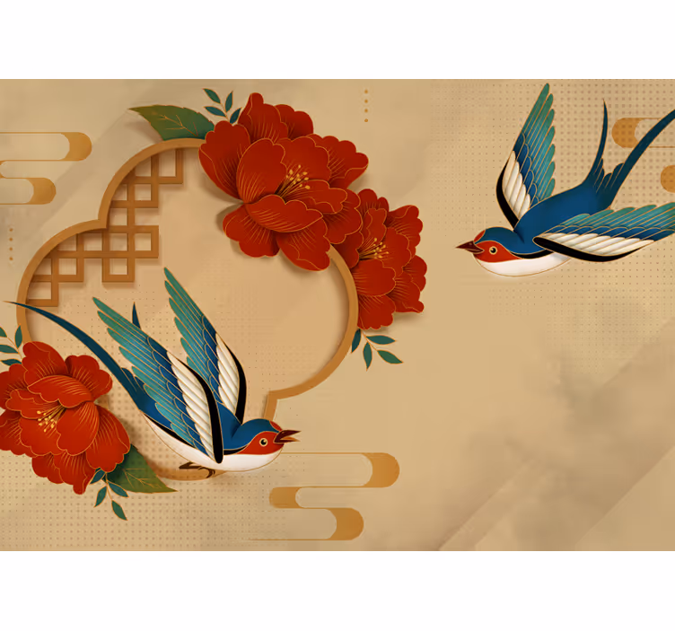 Rollo fenster beige vögel und blumen 3d - TenStickers