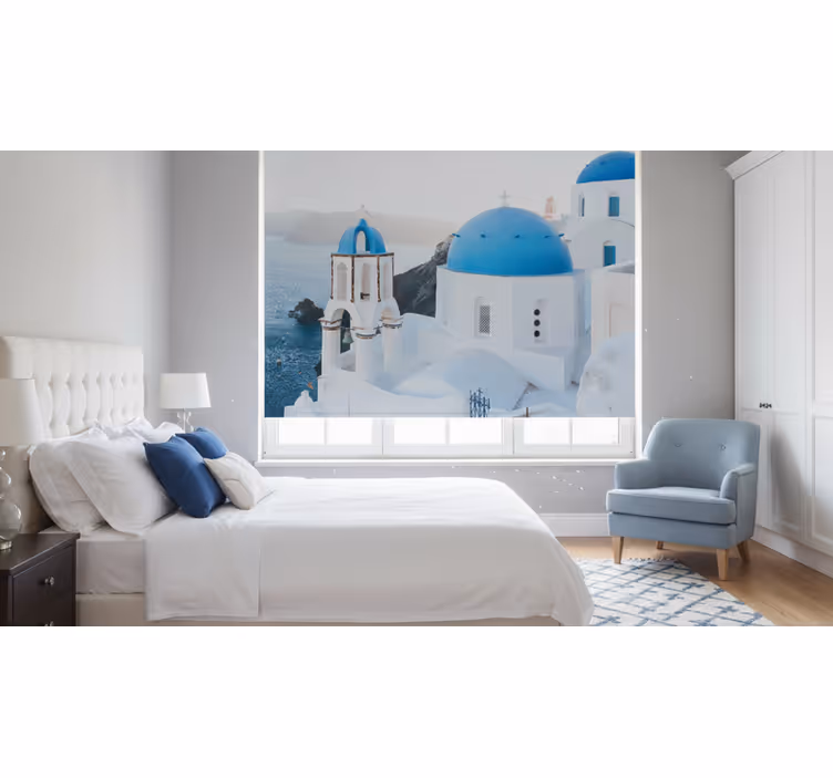 Rollo fenster schlafzimmer santorini häuser und meer - TenStickers