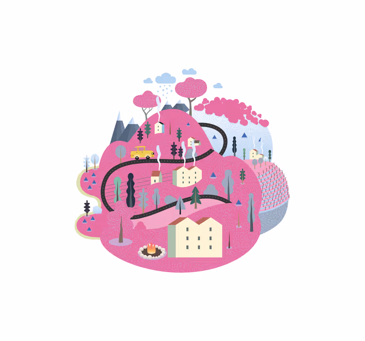 Rollo fenster kinderzimmer rosa berge mit häusern - TenStickers