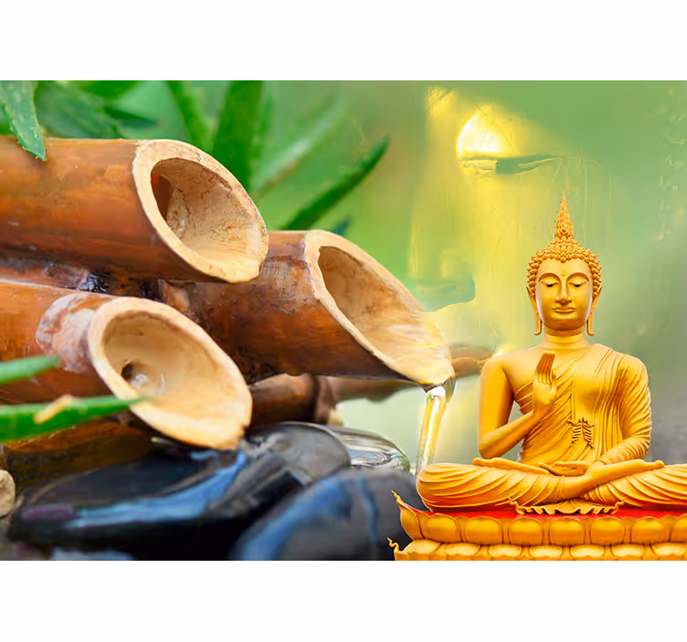 Rollo fenster zen fototapete buddha gold mit schilfrohr - TenStickers