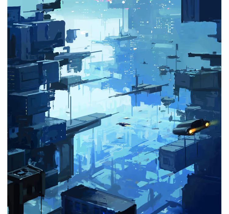 Fototapete blau futuristische stadt mit raumschiffen - TenStickers