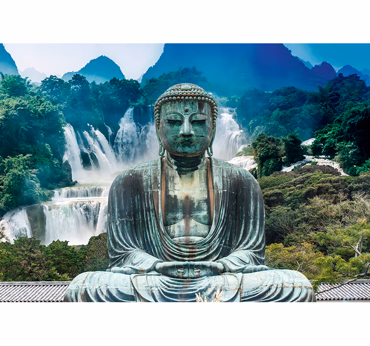 Wasserfall mit ruhigem Buddha Fototapete - TenStickers