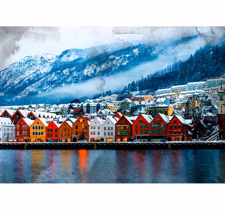 Fototapete Bergen city fluss winter schnee - TenStickers