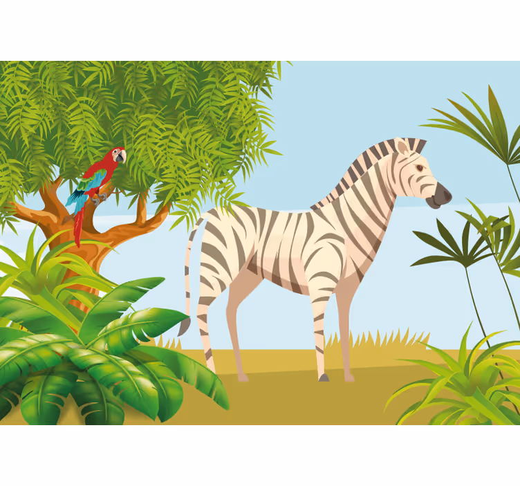 Fototapete tiere zebra und papageien szene - TenStickers