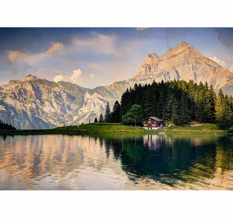 Fototapete Natur Haus am see mit den bergen - TenStickers