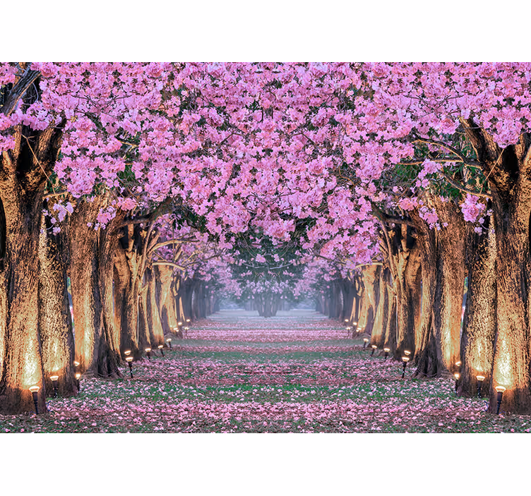 Fototapete Wald Weg mit bäumen und rosa blumen - TenStickers