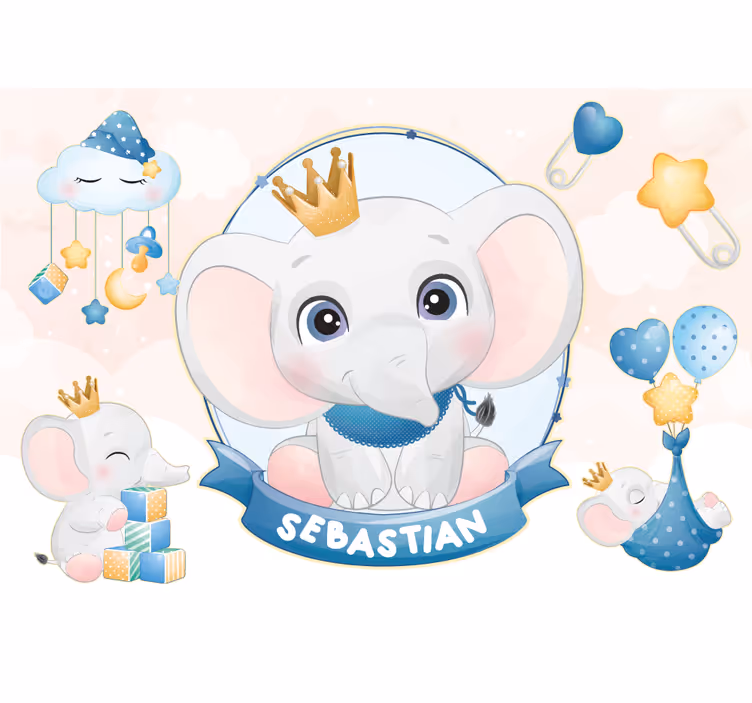 Fototapete Babyzimmer Süßer elefant für jungen mit Namen - TenStickers