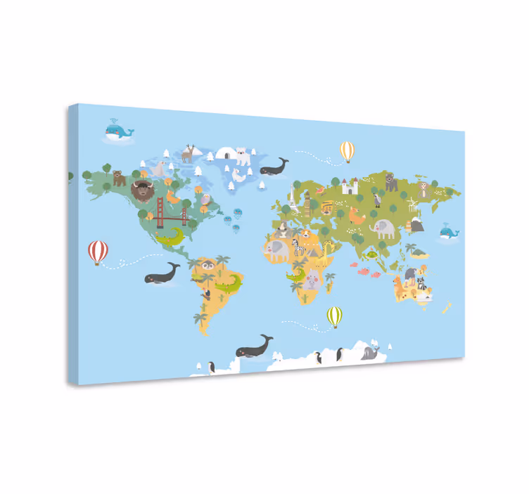 Weltkarte leinwand mit verspielter tierkarte - TenStickers