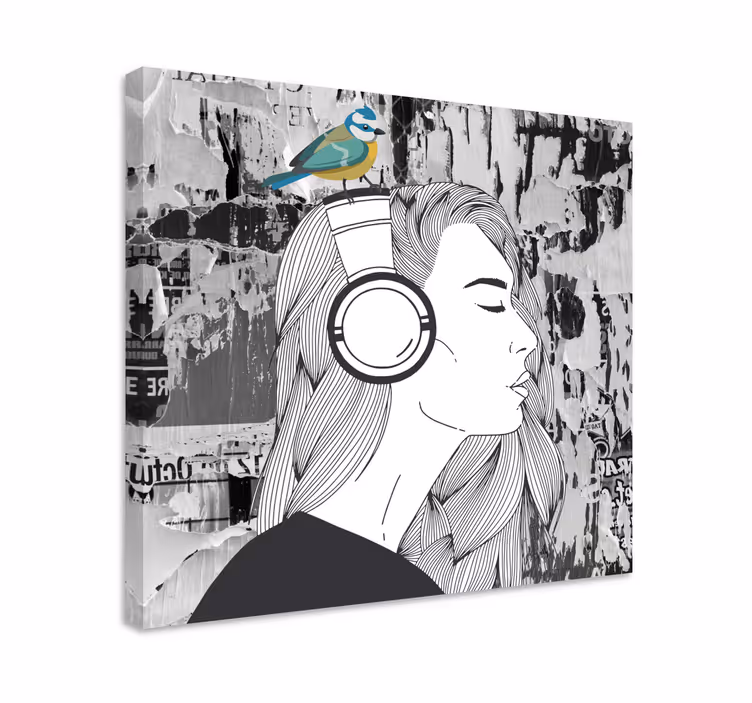 Kunst auf Leinwand Frau mit kopfhörern und vogel - TenStickers