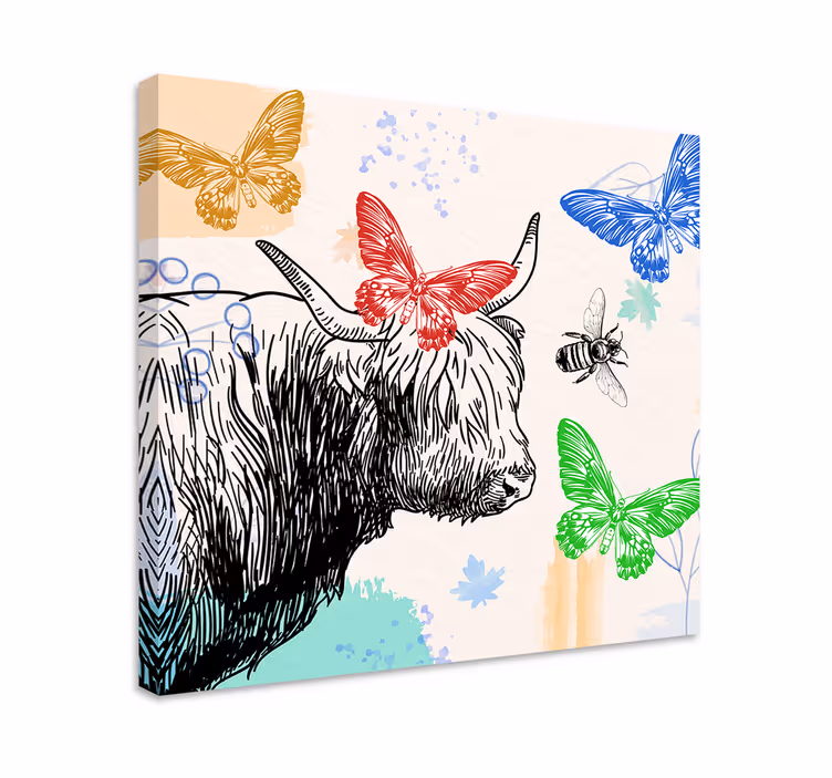 Wandbild tier highlandrind und schmetterlinge - TenStickers