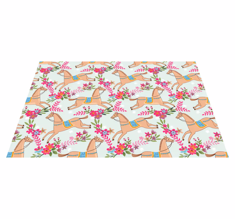 Vinyl teppich tiere mit pinken blumen und pferden - TenStickers