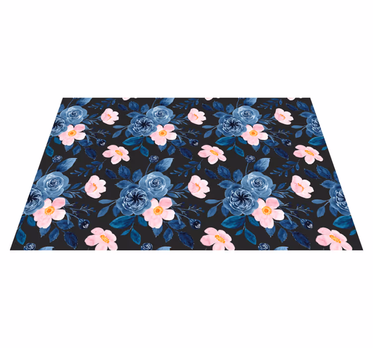 Vinyl teppich blumen blau und rosa muster auf schwarz - TenStickers