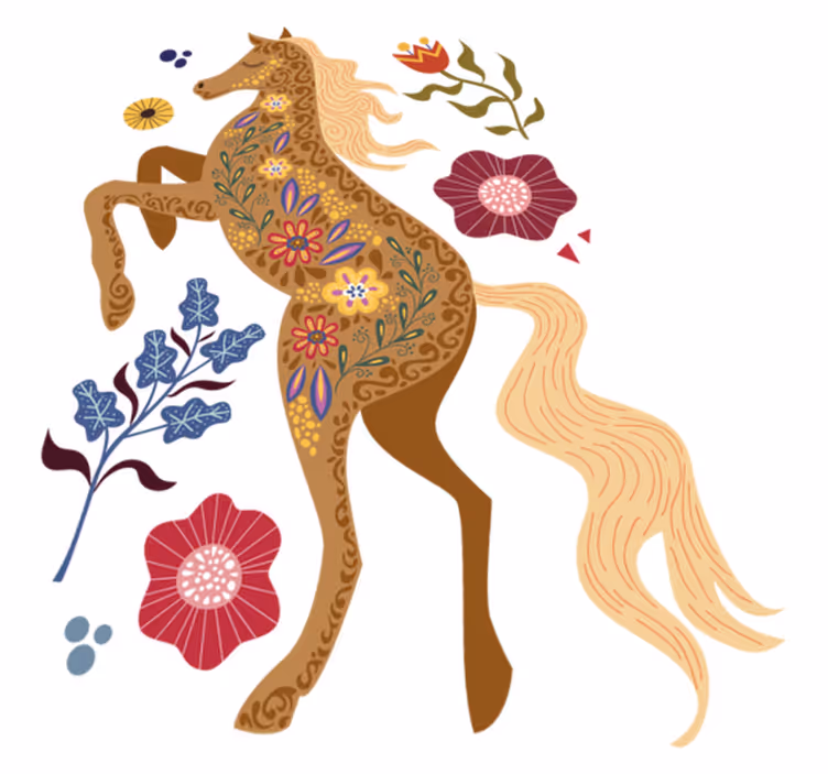 Vinyl teppich blumen mit wildpferd folklore illustration - TenStickers