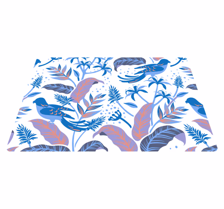 Vinyl teppich natur mit blauen und rosa vögeln auf blättern - TenStickers