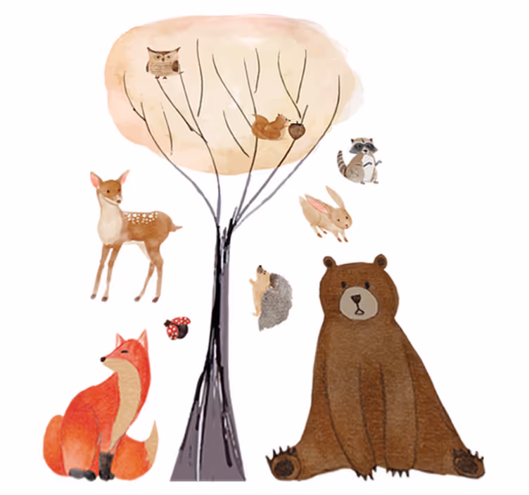 Vinyl teppich kinder mit waldtieren und baum - TenStickers