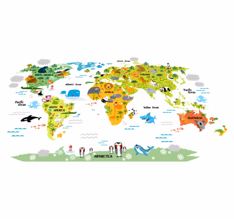 Vinyl teppich weltkarte mit englischem fauna design - TenStickers