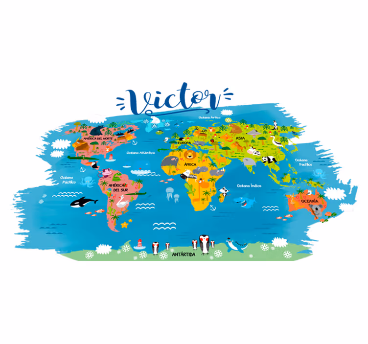 Vinyl teppich weltkarte mit tieren und namen auf spanisch - TenStickers