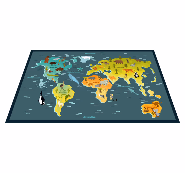 Vinyl Teppich Weltkarte farbenfrohes tierdesign - TenStickers