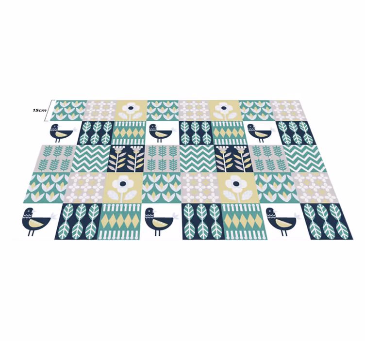 Vinyl Teppich Fliesenoptik buntes vogelmuster - TenStickers