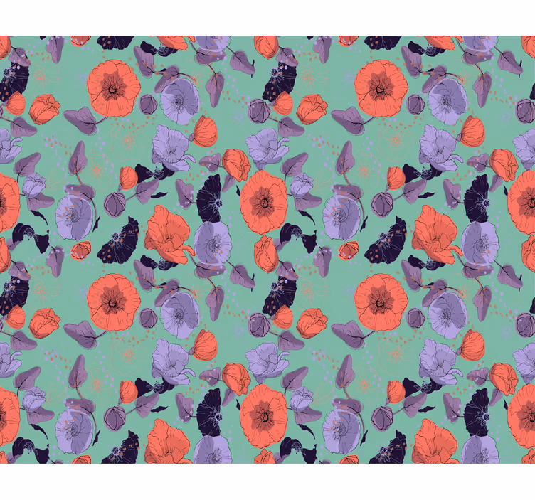 Blumentapete mit blauen und roten mohnblumen - TenStickers