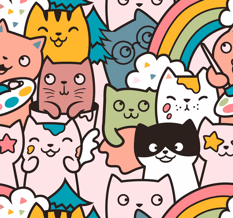 Tapete schlafzimmer katzen doodle pastellfarben muster - TenStickers