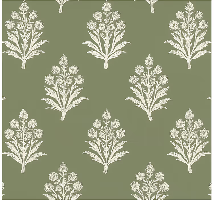 Blumentapete matschgrün mit floralen blockdruckmotiven - TenStickers