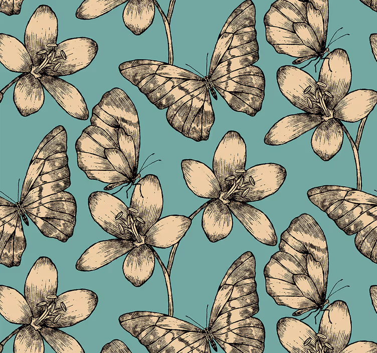 Tapete Schmetterling beige blumen auf blauem hintergrund - TenStickers