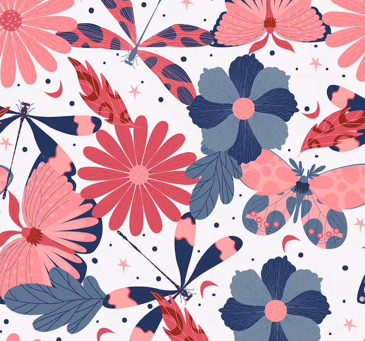 Blumentapete rosa schmetterlingsmuster - TenStickers