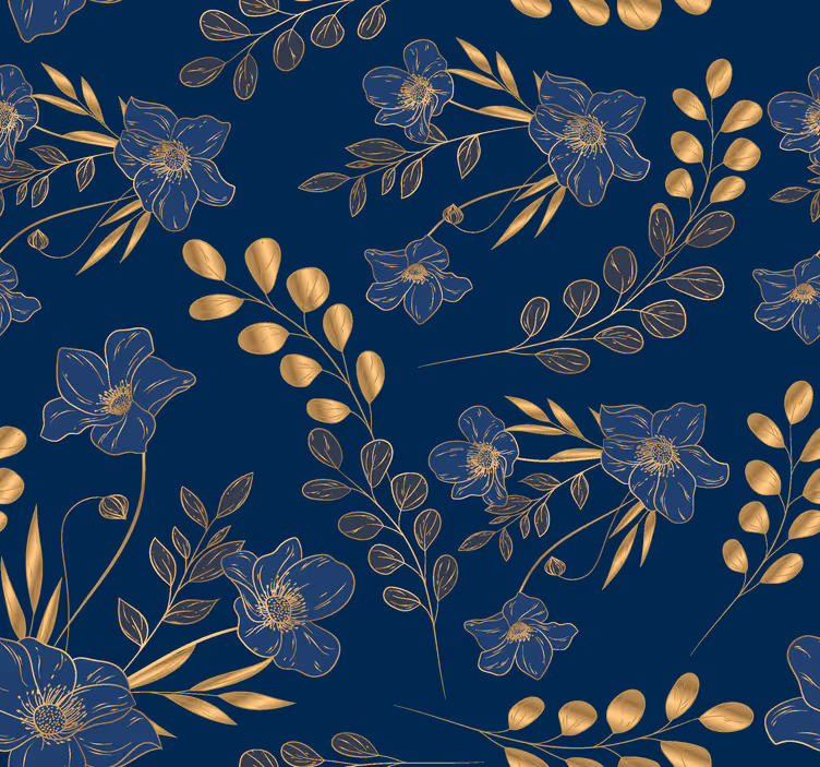 Tapete dunkelblau goldenes blumenmuster - TenStickers