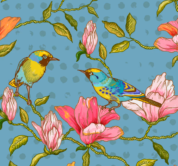 Blumentapete Gelbe vögel mit blumen - TenStickers