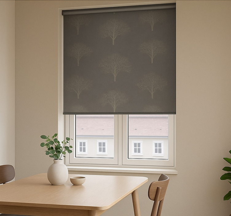 Rollo Fenster Esszimmer beige schwarz wald bäume - TenStickers
