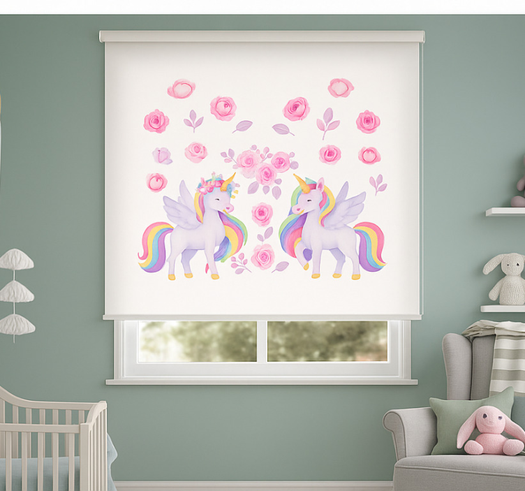 Rollo Fenster Kinderzimmer rosa einhorn und blumen - TenStickers