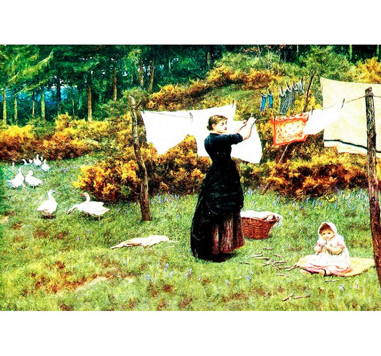 Fototapete Klassische Kunst frau hängt wäsche auf - TenStickers