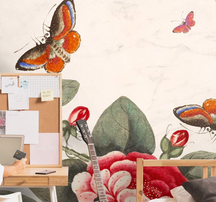 Fototapete blumen mit schwirrenden insekten und blüten - TenStickers