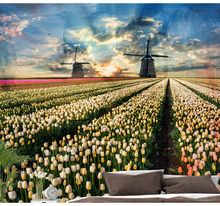 Fototapete Blumen sonnenaufgang im tulpenfeld - TenStickers