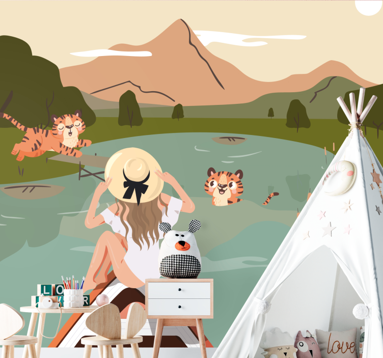 Fototapete Kinderzimmer Mädchen und tiger dschungeltiere - TenStickers