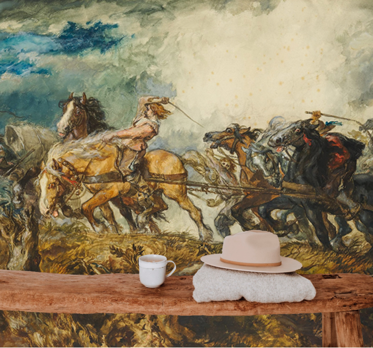 Fototapete Klassische Kunst chaos mit pferdekutschen - TenStickers