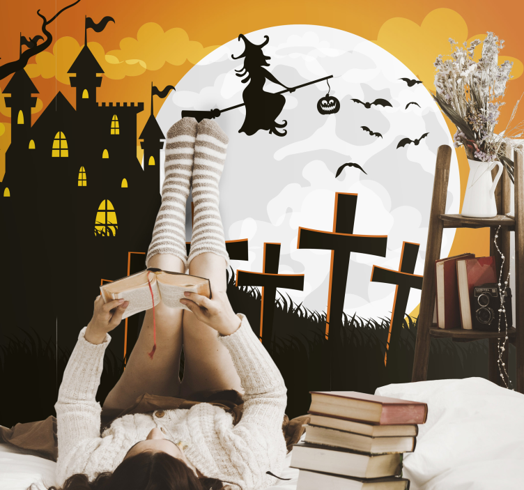 Wand Fototapete Halloween-haus mit hexe - TenStickers