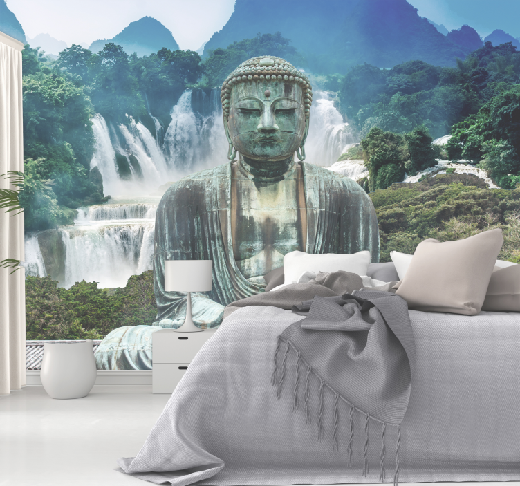 Wasserfall mit ruhigem Buddha Fototapete - TenStickers