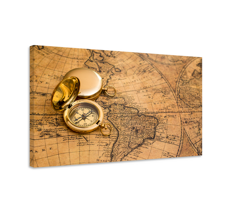 Weltkarte leinwand mit antikem kompass und karte - TenStickers