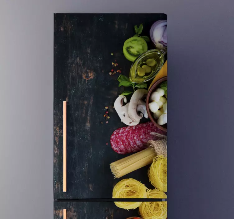 Kühlschrank Aufkleber vinyl-Essen auf Holz - TenStickers