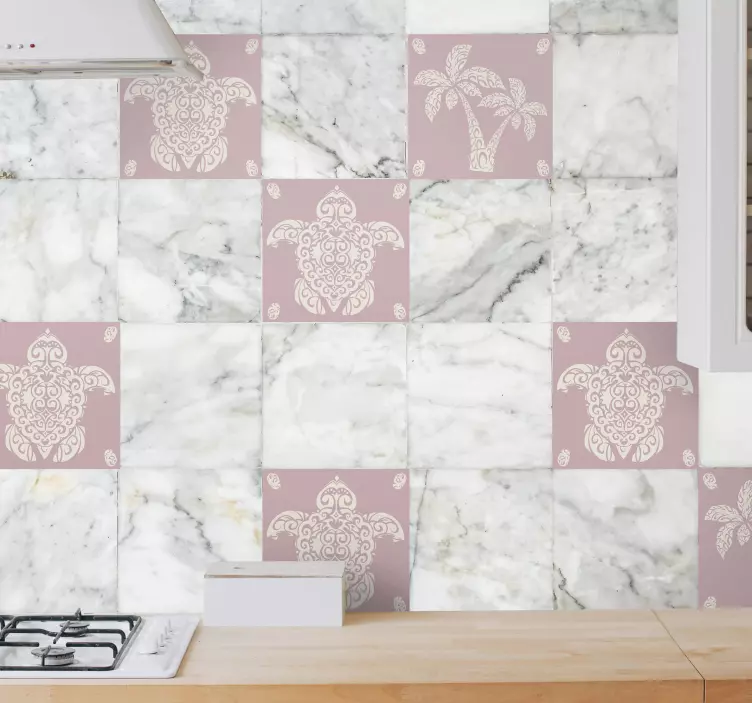 Hawaii Schildkröte und Palmenmuster Fliesen Aufkleber - TenStickers