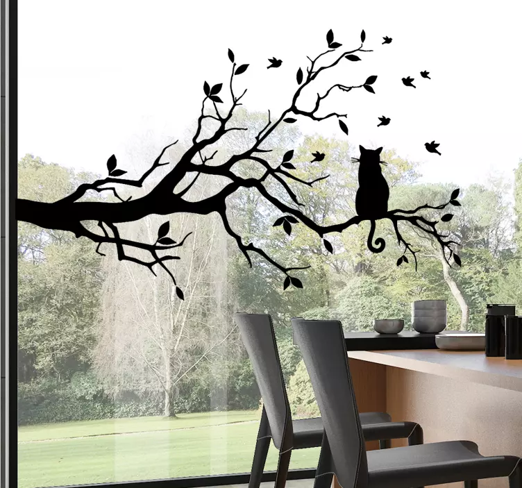 Katze auf baum Wandtattoo Fenster - TenStickers