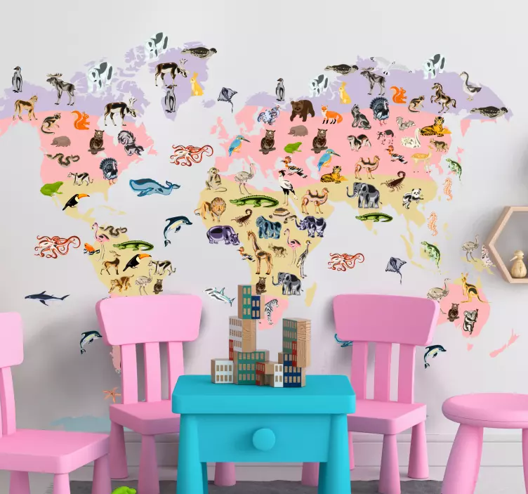 Wandtattoo Weltkarte pastellfarbenes tiermotiv - TenStickers