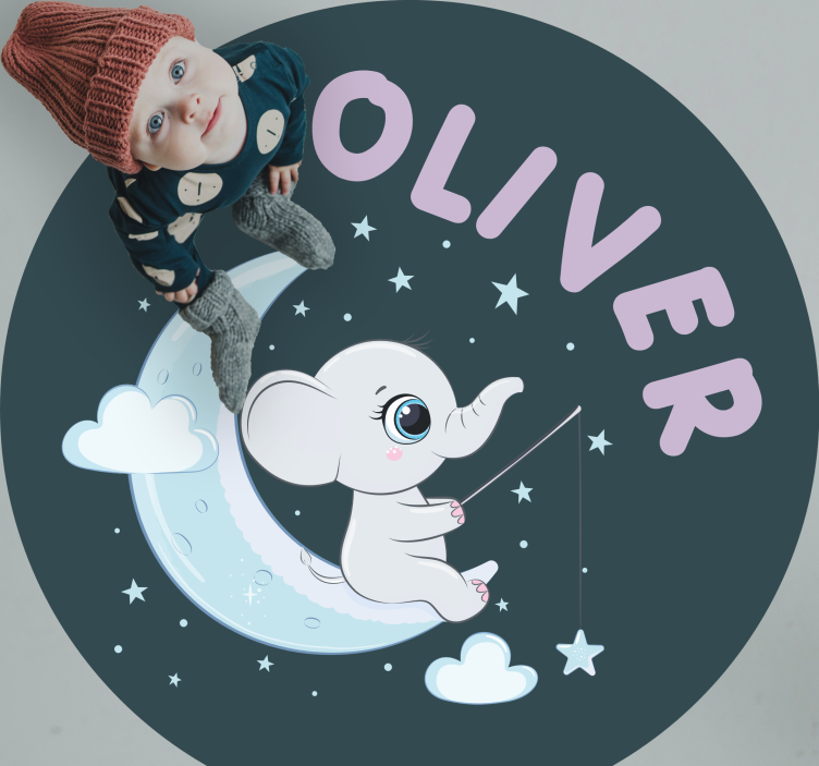 Vinyl Teppich Baby elefant auf dem mond mit namen - TenStickers