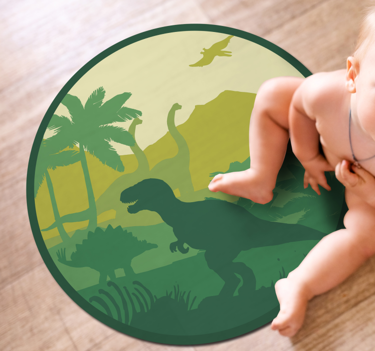 Vinyl Teppich rund Dinosaurier-silhouette auf schöner landschaft - TenStickers