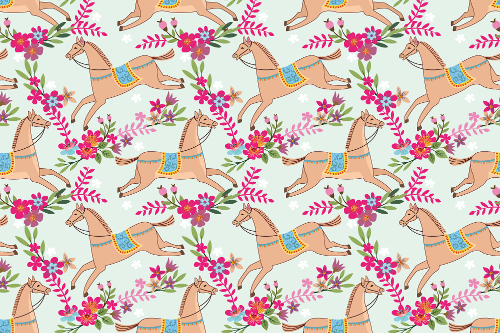 Vinyl teppich tiere mit pinken blumen und pferden - TenStickers